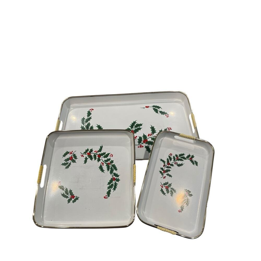 Vintage Holly Berries Serving Trays Set of 3 Nesting Holiday Trays Japanese - Picture 2 of 16